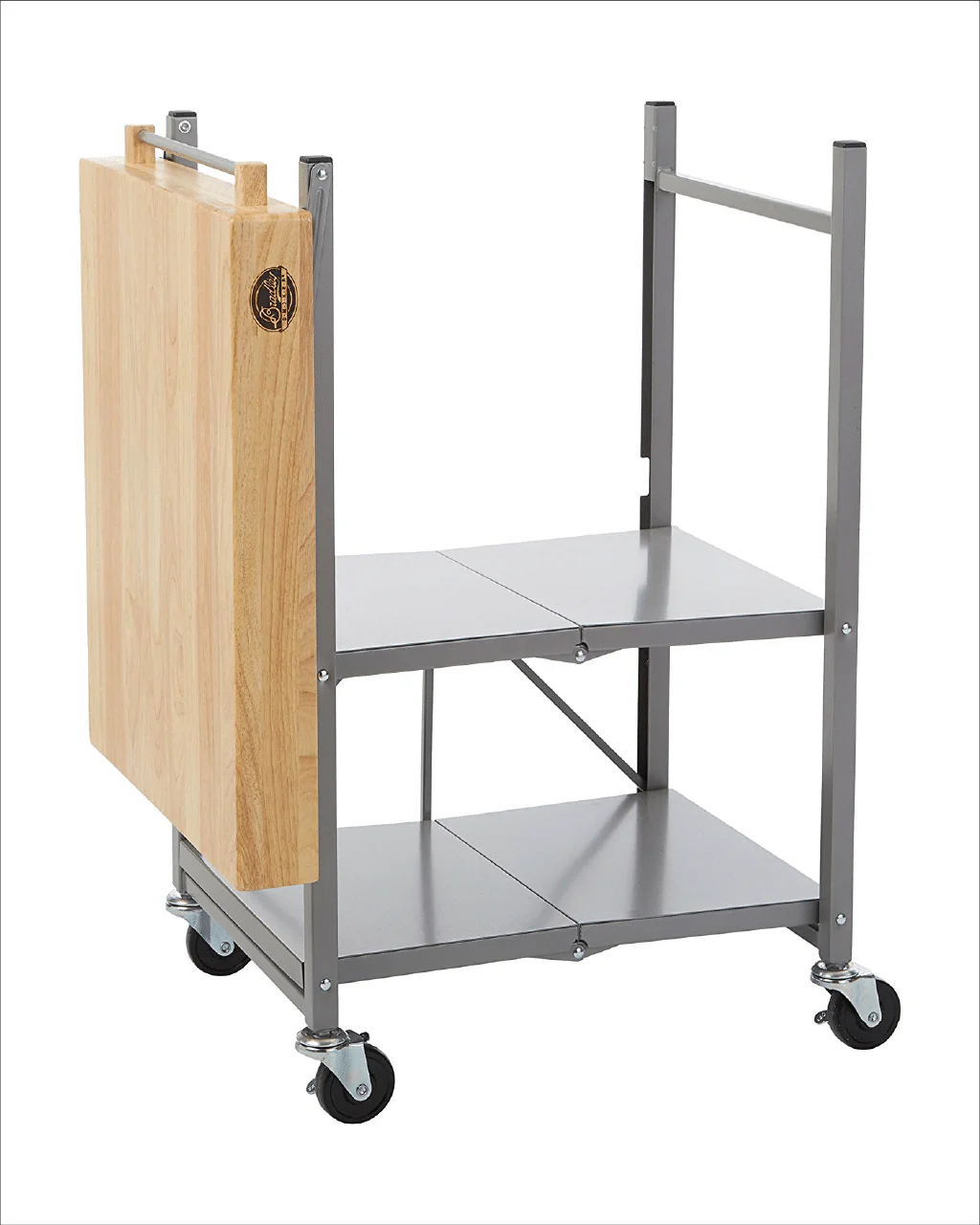 Foldable Kitchen Cart on Wheels, Wood top, Steel Grey Frame - Image 4